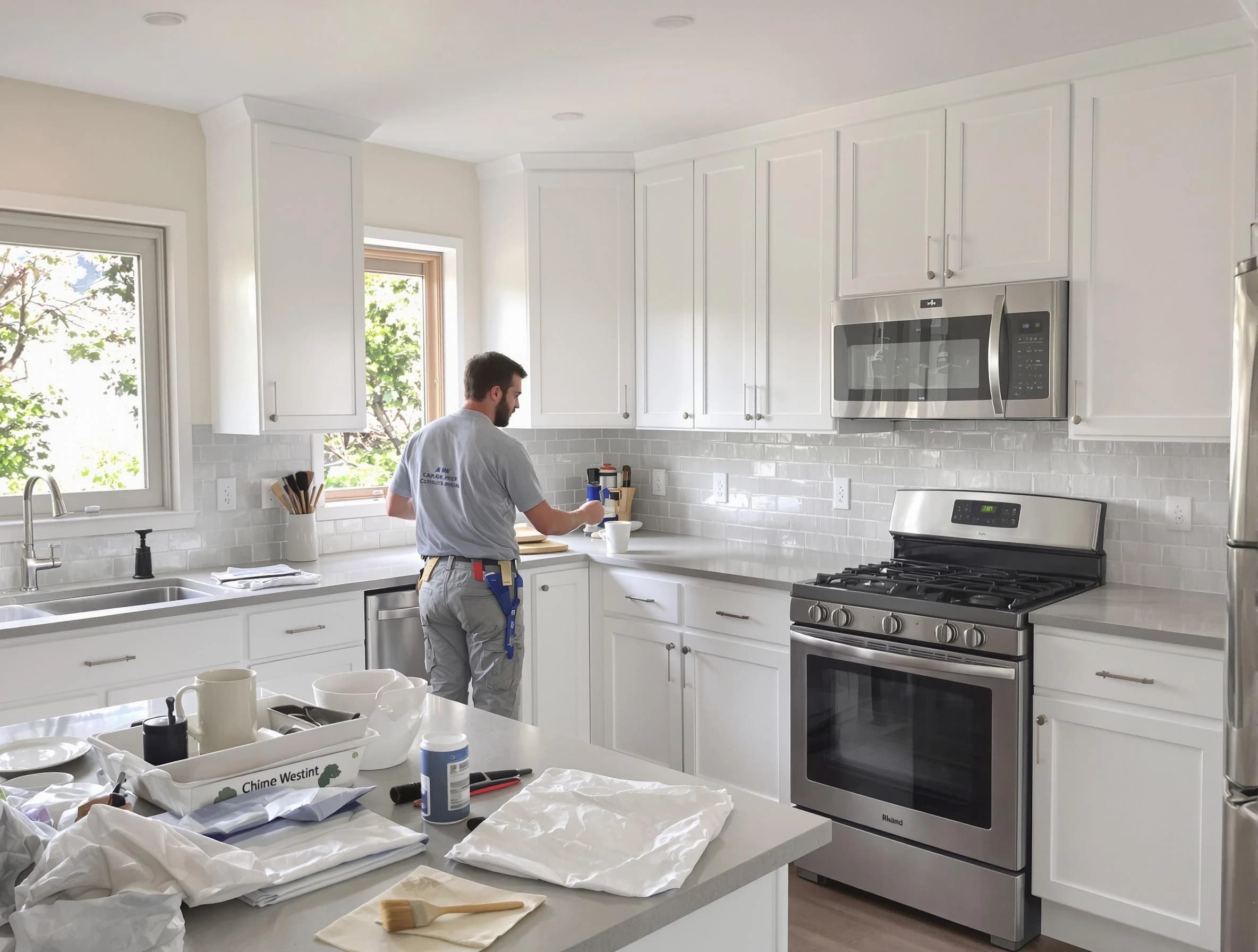 Bay Village House Painters applying fresh paint on kitchen cabinets in Bay Village