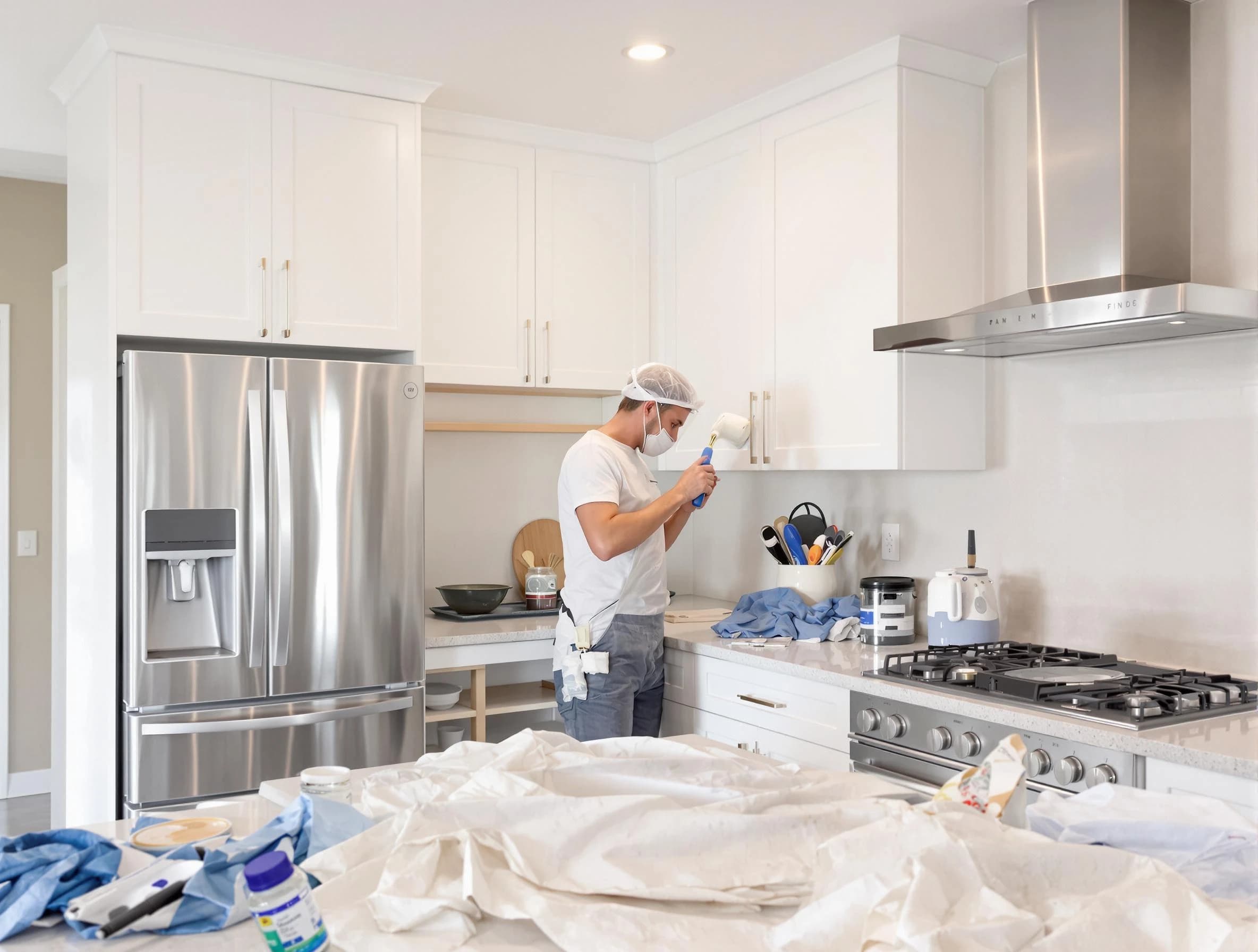 Bay Village House Painters painter applying a fresh coat in a kitchen located in Bay Village, OH