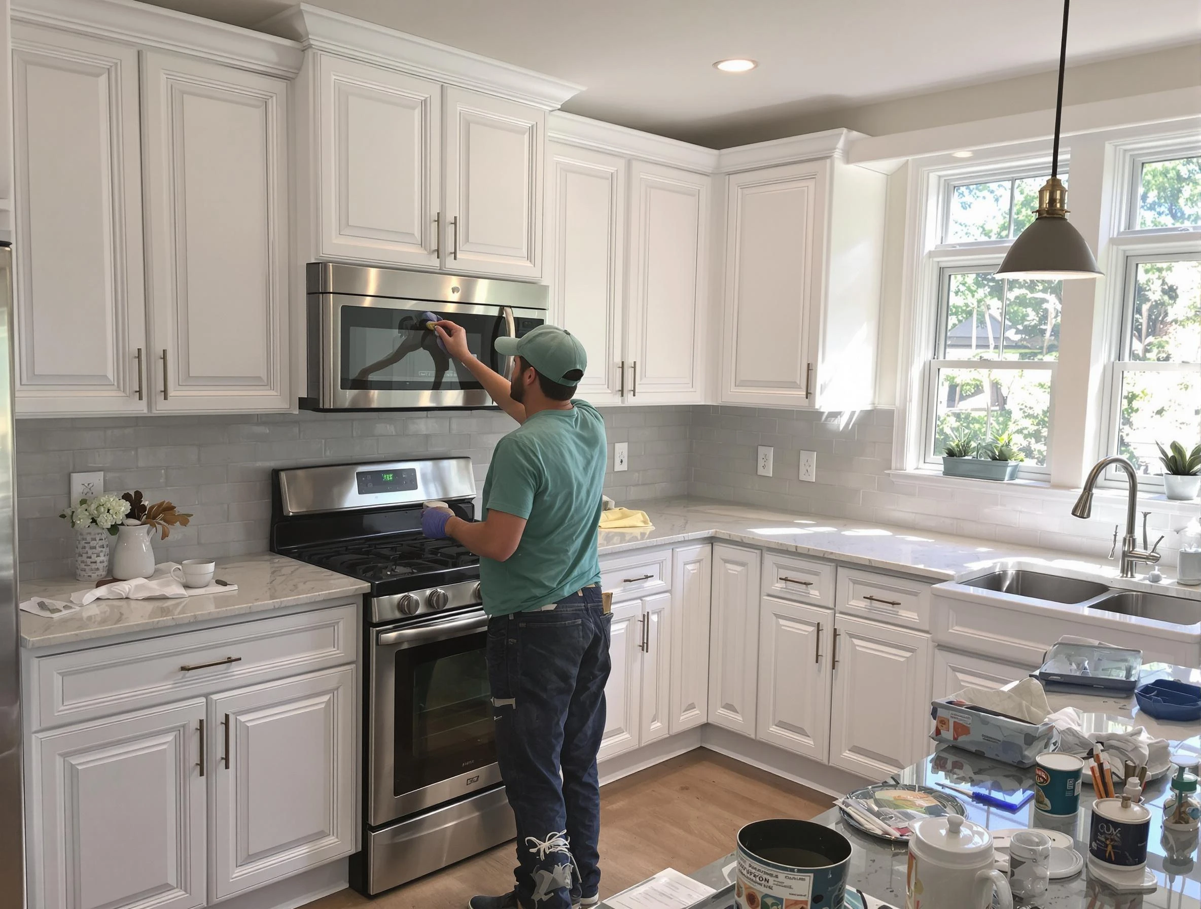 Kitchen cabinets being refinished by Bay Village House Painters in Bay Village, OH